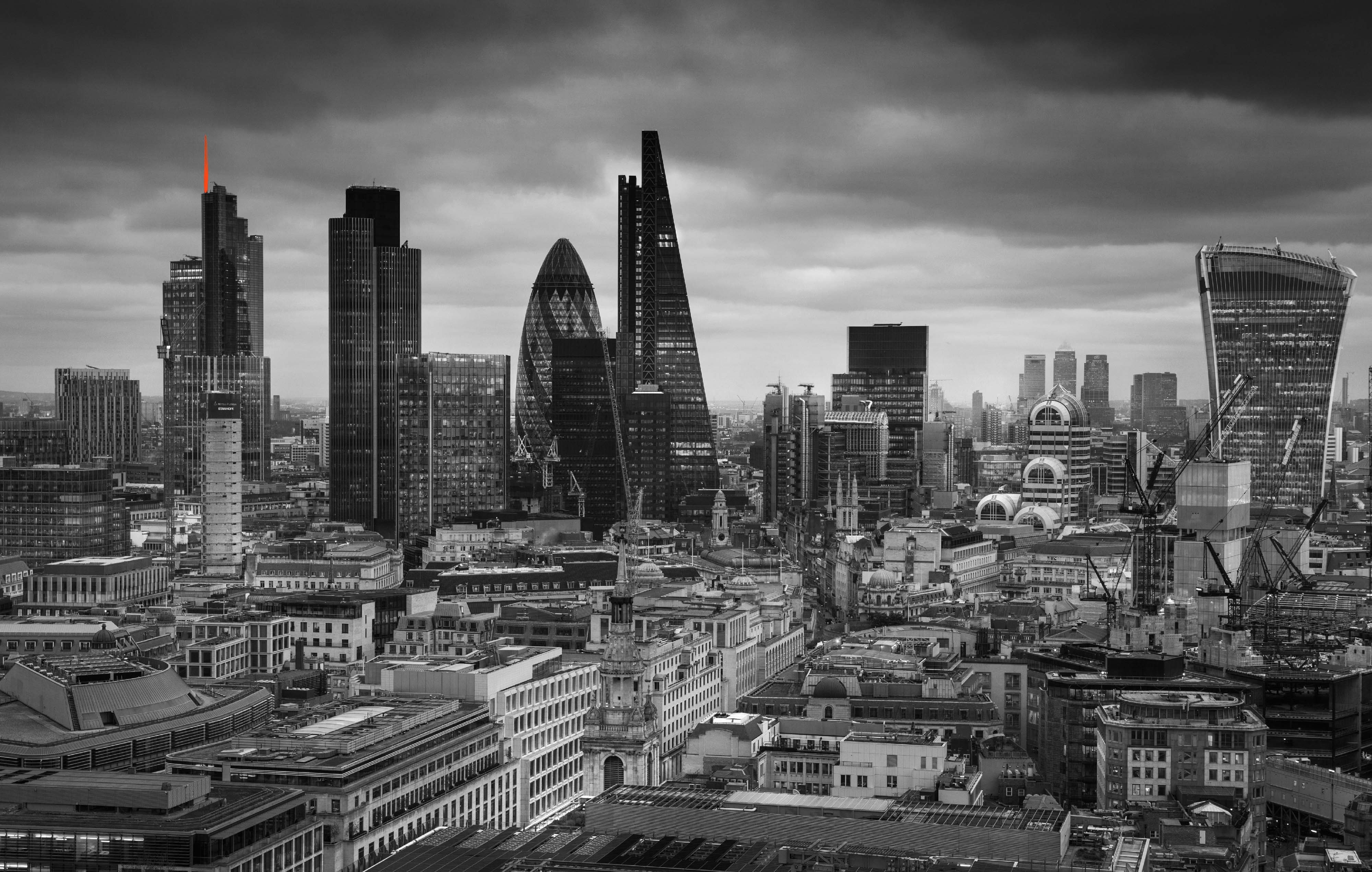 A landscape view of the City of london, in black and white.
